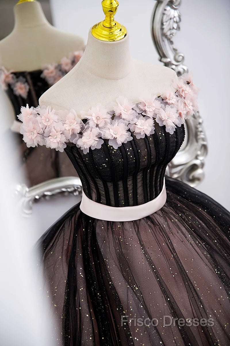 Black And Pink Tulle With Flowers Off Shoulder Party Dress, Tulle Sweet 16 Dress