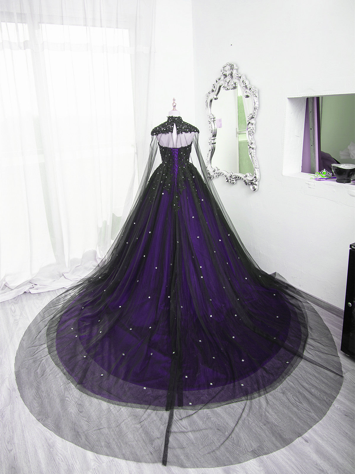 Black And Purple Beaded Tulle Ball Gown Sweet 16 Dress, Black And Purple Party Dress With Cap Secondary image