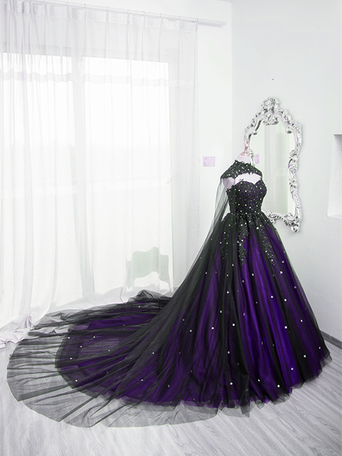 Black And Purple Beaded Tulle Ball Gown Sweet 16 Dress, Black And Purple Party Dress With Cap