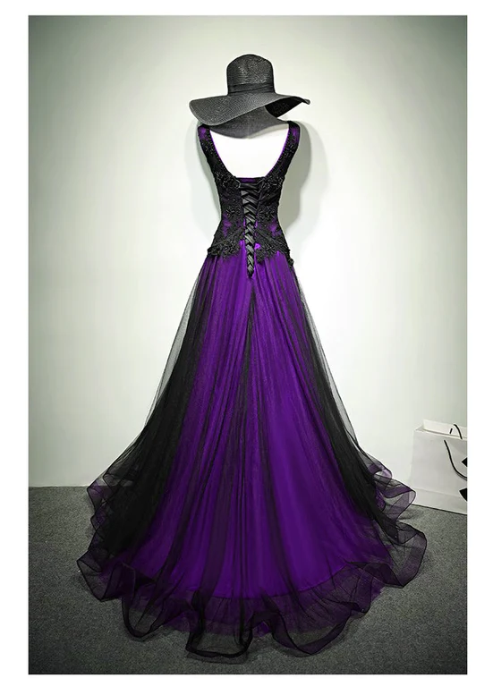 Black And Purple Tulle V-Neckline Beaded Prom Dress, Long Tulle Formal Dress Evening Dress Secondary image