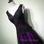 Black and Purple V-neckline A-line Formal Prom Dress, Tulle with Lace Party Dress