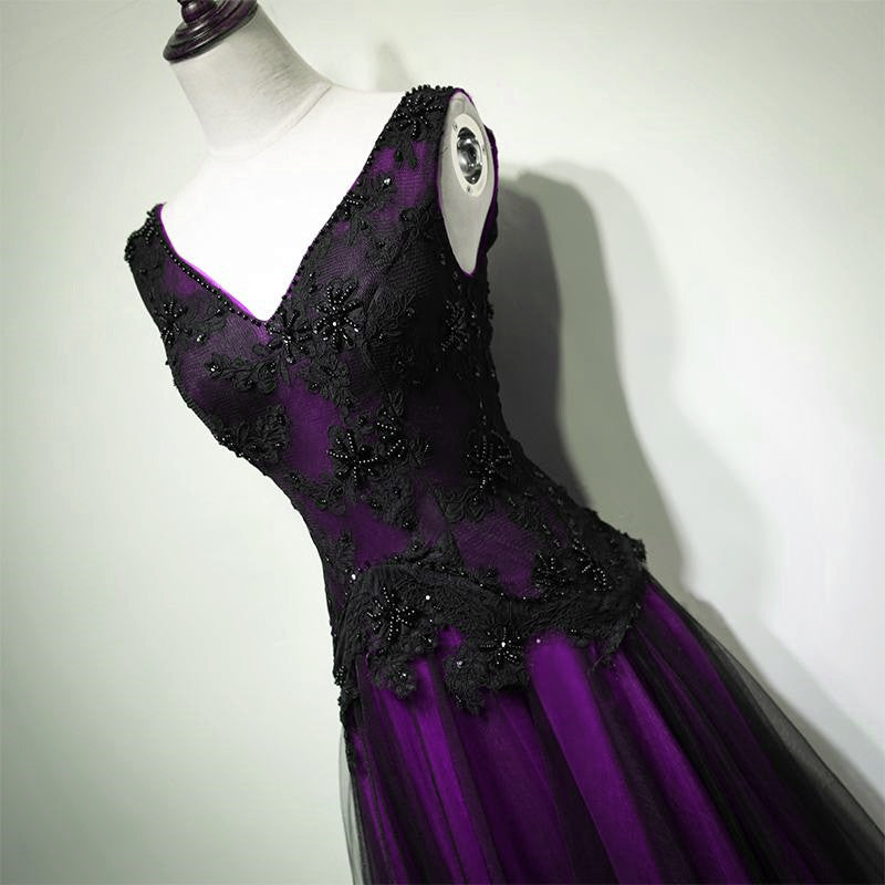 Black And Purple V-Neckline A-Line Prom Dress, Tulle With Lace Party Dress
