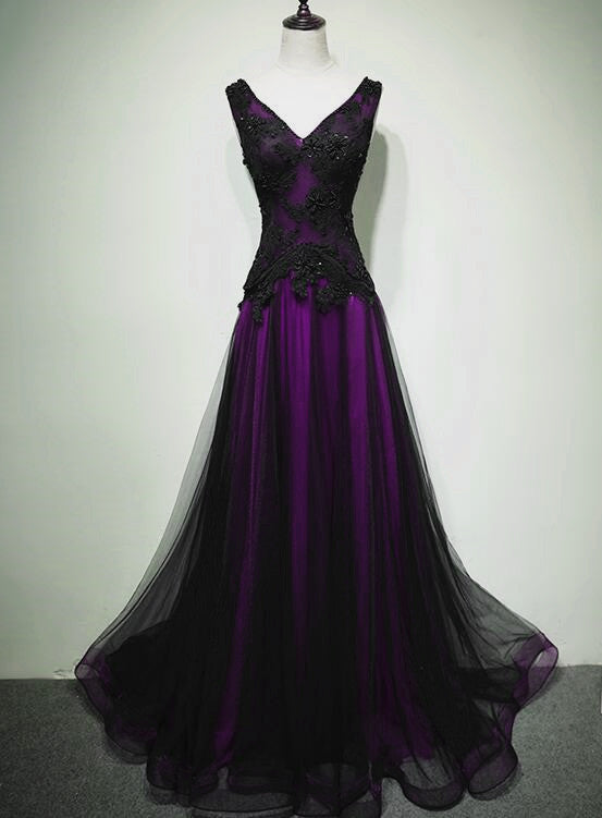 Black And Purple V-Neckline A-Line Prom Dress, Tulle With Lace Party Dress Main image
