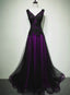 Black And Purple V-Neckline A-Line Prom Dress, Tulle With Lace Party Dress