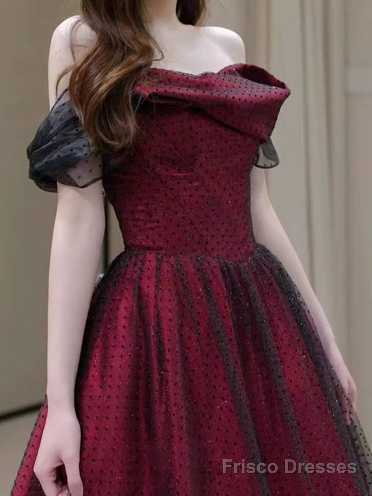 Black And Red A-Line Strapless Party Dress, Off Shoulder Tulle Prom Dress
