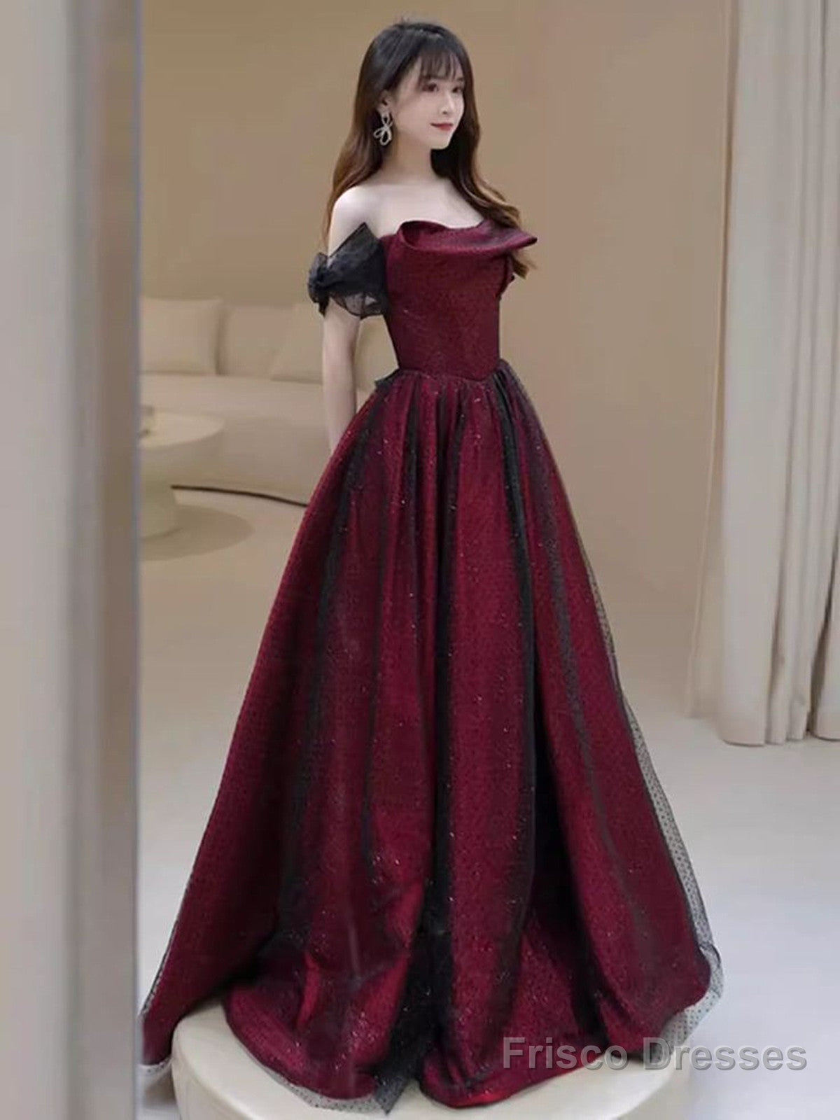 Black And Red A-Line Strapless Party Dress, Off Shoulder Tulle Prom Dress Main image