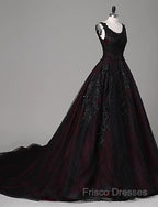 Black And Red Backless Tulle Long Formal Gown, Black And Red Long Formal Prom Dress