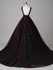 Black And Red Backless Tulle Long Formal Gown, Black And Red Long Prom Dress