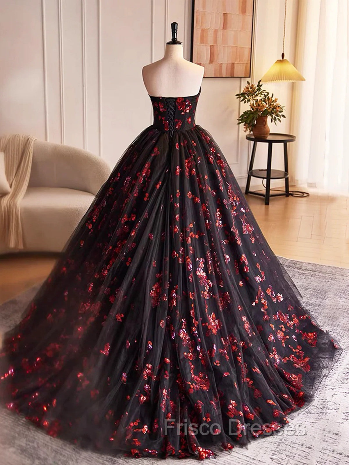Black and Red Floral Tulle Long Party Dress, Strapless Formal Sweet 16 Dress Secondary image