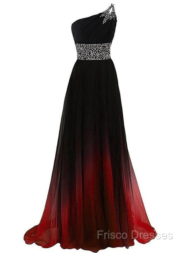 Black And Red Gradient Chiffon One Shoulder Beaded Party Dress, Cute Junior Formal Prom Dress