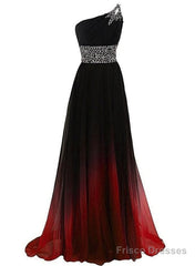 Black And Red Gradient Chiffon One Shoulder Beaded Party Dress, Cute Junior Prom Dress