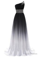 Black And Red Gradient Chiffon One Shoulder Beaded Party Dress, Cute Junior Prom Dress