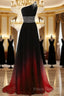 Black And Red Gradient Chiffon One Shoulder Beaded Party Dress, Cute Junior Formal Prom Dress