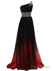 Black And Red Gradient Chiffon One Shoulder Beaded Party Dress, Cute Junior Prom Dress