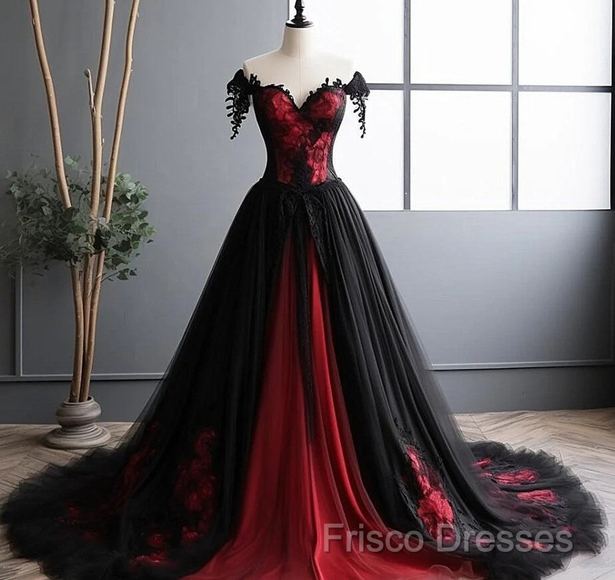 Black And Red Lace Tulle Off Shoulder Formal Prom Dress, Black And Red Formal Dress Secondary image