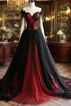 Black And Red Lace Tulle Off Shoulder Formal Prom Dress, Black And Red Formal Dress