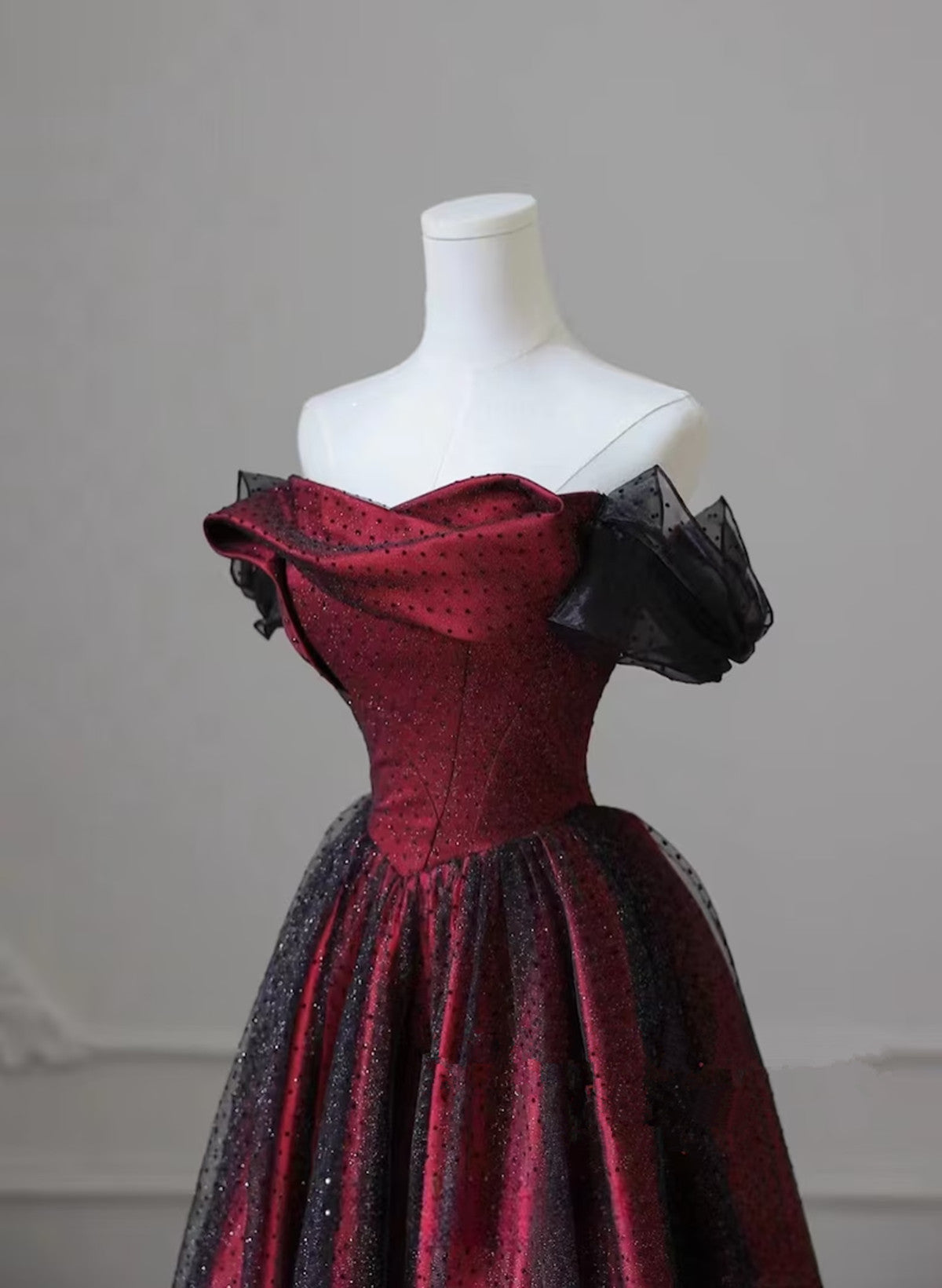 Black And Red Long Party Dress, Off Shoulder Tulle A-Line Prom Dress