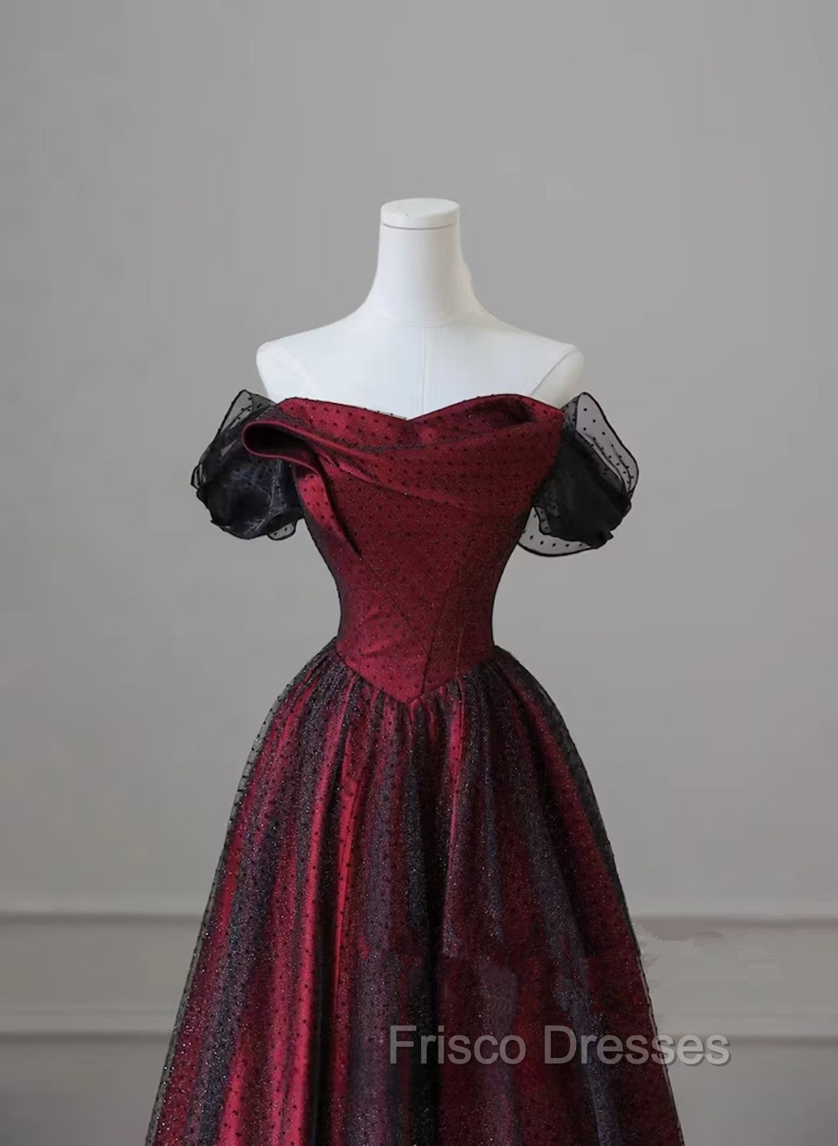 Black and Red Long Party Dress, Off Shoulder Tulle A-line Formal Prom Dress