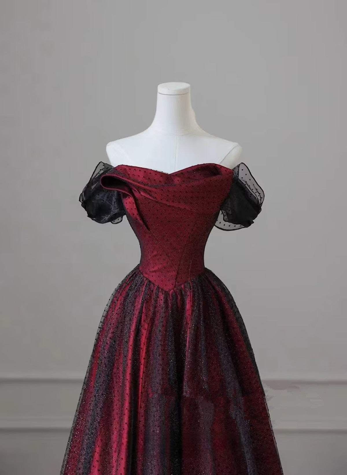 Black And Red Long Party Dress, Off Shoulder Tulle A-Line Prom Dress