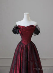 Black and Red Long Party Dress, Off Shoulder Tulle A-line Prom Dress