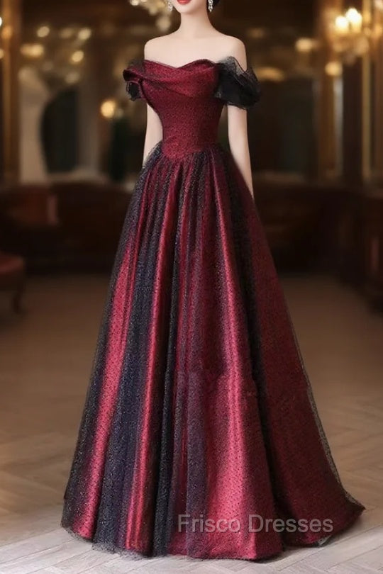 Black and Red Long Party Dress, Off Shoulder Tulle A-line Formal Prom Dress