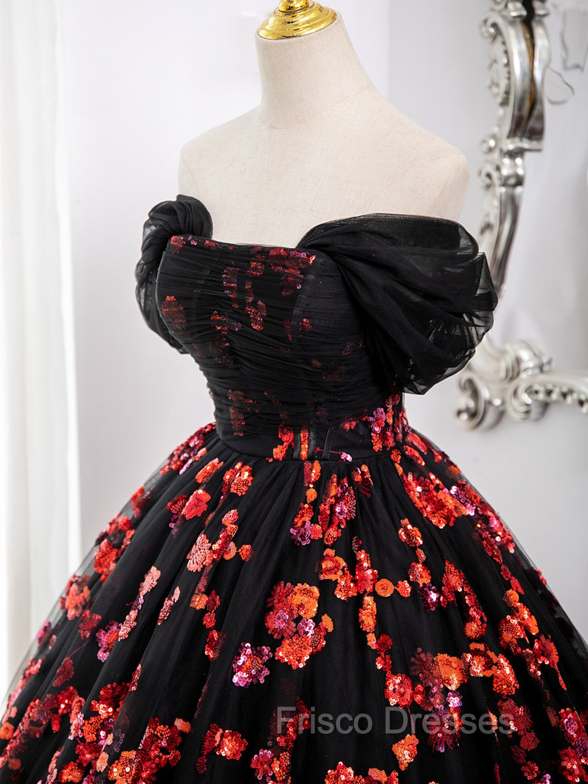 Black and Red Off Shoulder Floral Tulle Formal Dress, Floor Length Party Dress Secondary image