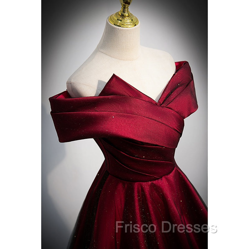 Black and Red Satin Off Shoulder Long Junior Formal Prom Dress, A-line Satin Party Dress
