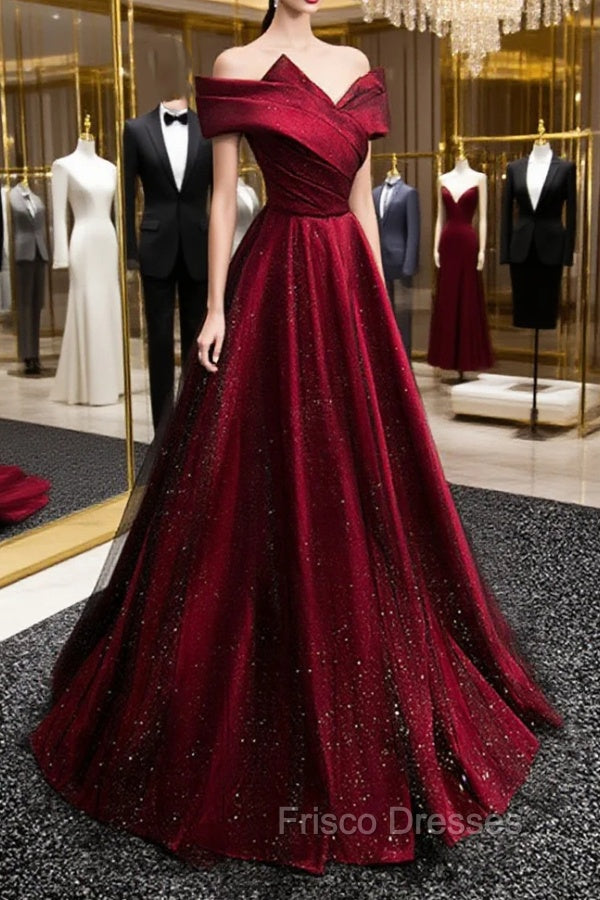 Black and Red Satin Off Shoulder Long Junior Formal Prom Dress, A-line Satin Party Dress