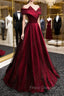 Black and Red Satin Off Shoulder Long Junior Formal Prom Dress, A-line Satin Party Dress