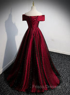 Black and Red Satin Off Shoulder Long Junior Formal Prom Dress, A-line Satin Party Dress