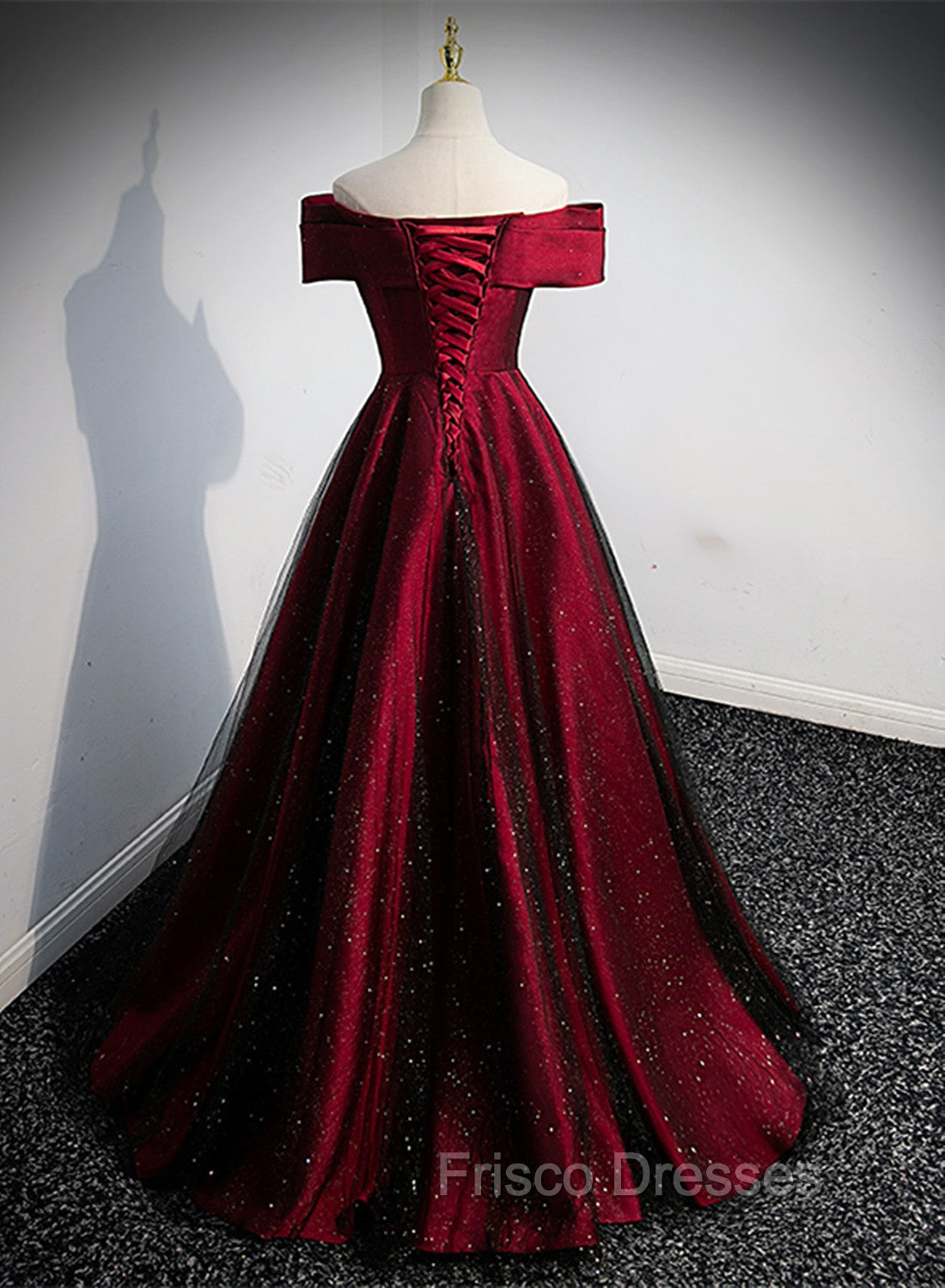 Black and Red Satin Off Shoulder Long Junior Formal Prom Dress, A-line Satin Party Dress