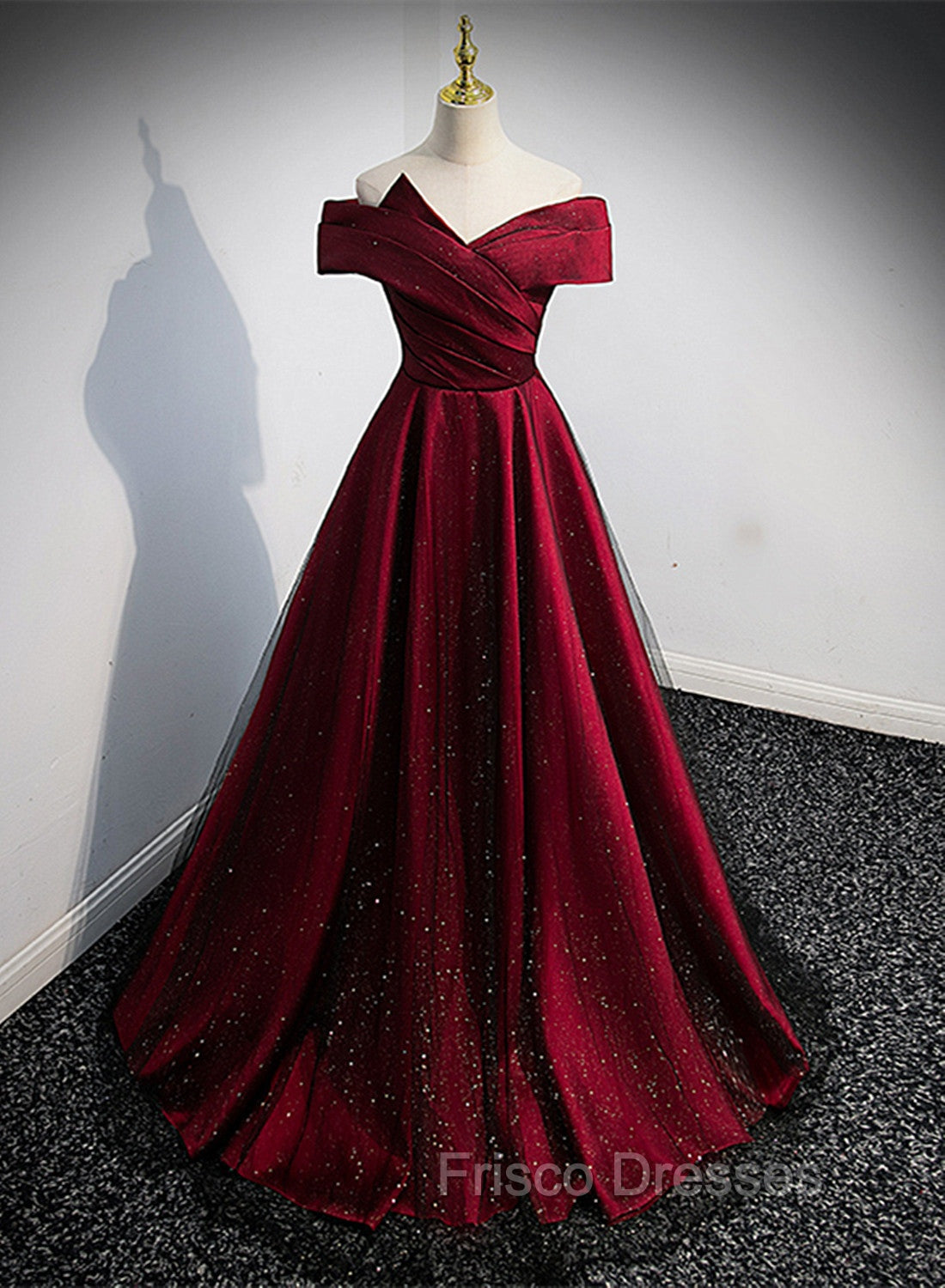 Black and Red Satin Off Shoulder Long Junior Formal Prom Dress, A-line Satin Party Dress