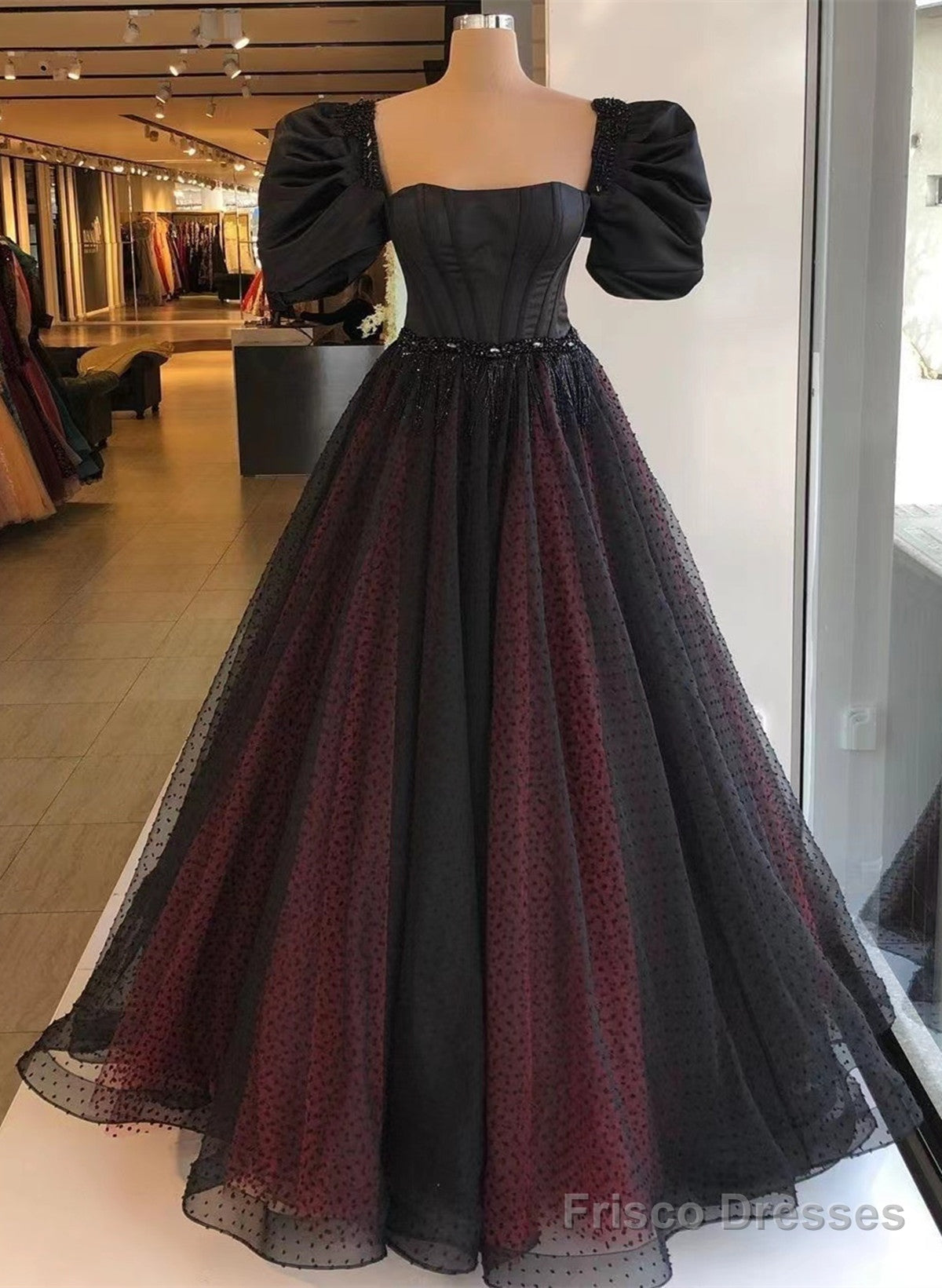 Black And Red Short Sleeves Beaded Long Evening Dress, Black And Red Prom Dress Main image