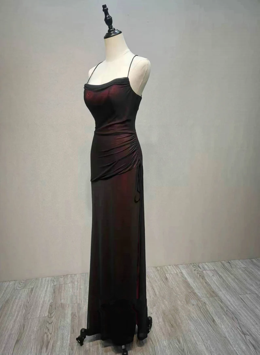 Black And Red Straps Long Simple Party Dress, Black And Red Prom Dress Main image