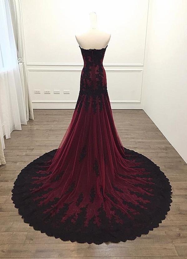 Black And Red Sweetheart Tulle With Lace Glam Evening Gown Party Dress, Long Formal Dress