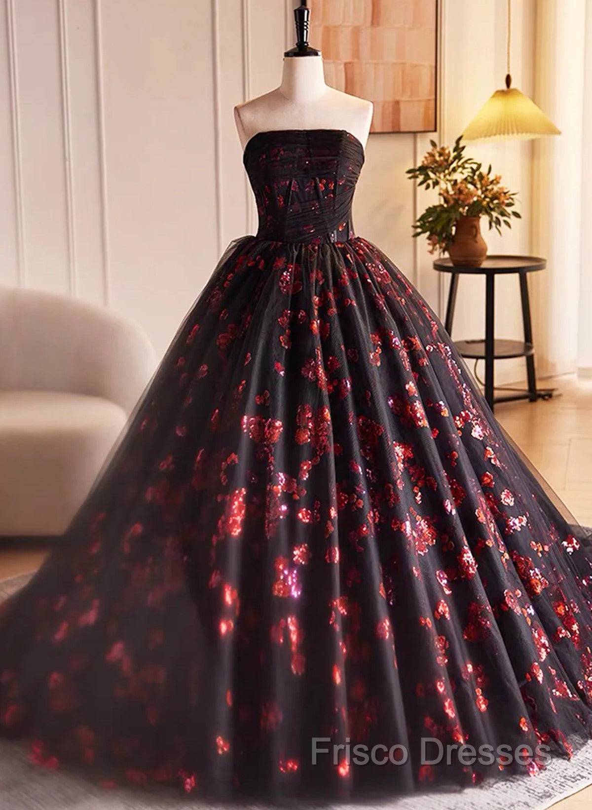 Black And Red Tulle Floral Sweet 16 Dress, Black And Red Party Dress Formal Prom Dress Secondary image