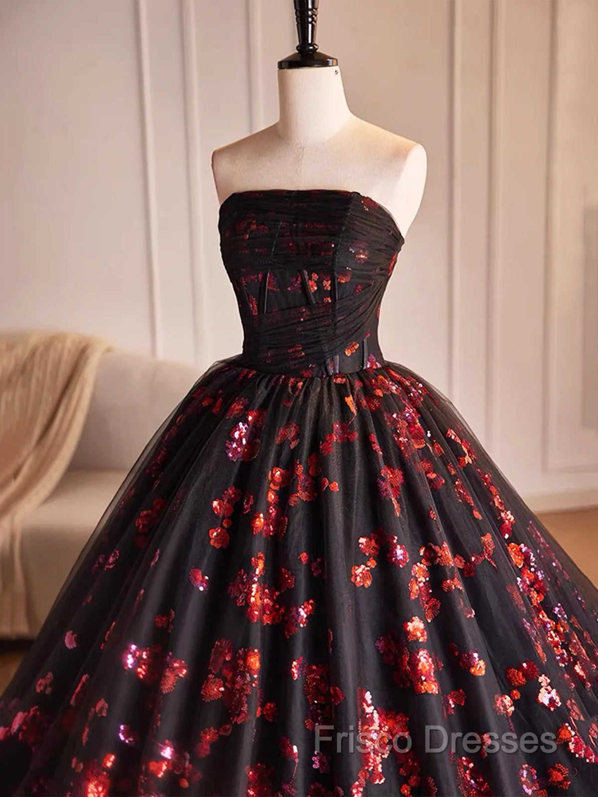 Black And Red Tulle Floral Sweet 16 Dress, Black And Red Party Dress Formal Prom Dress