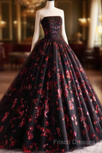 Black And Red Tulle Floral Sweet 16 Dress, Black And Red Party Dress Formal Prom Dress
