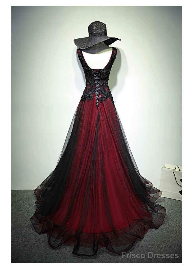 Black and Red Tulle V-neckline Beaded Lace Long Party Dress,A-line Formal Evening Dresses Secondary image