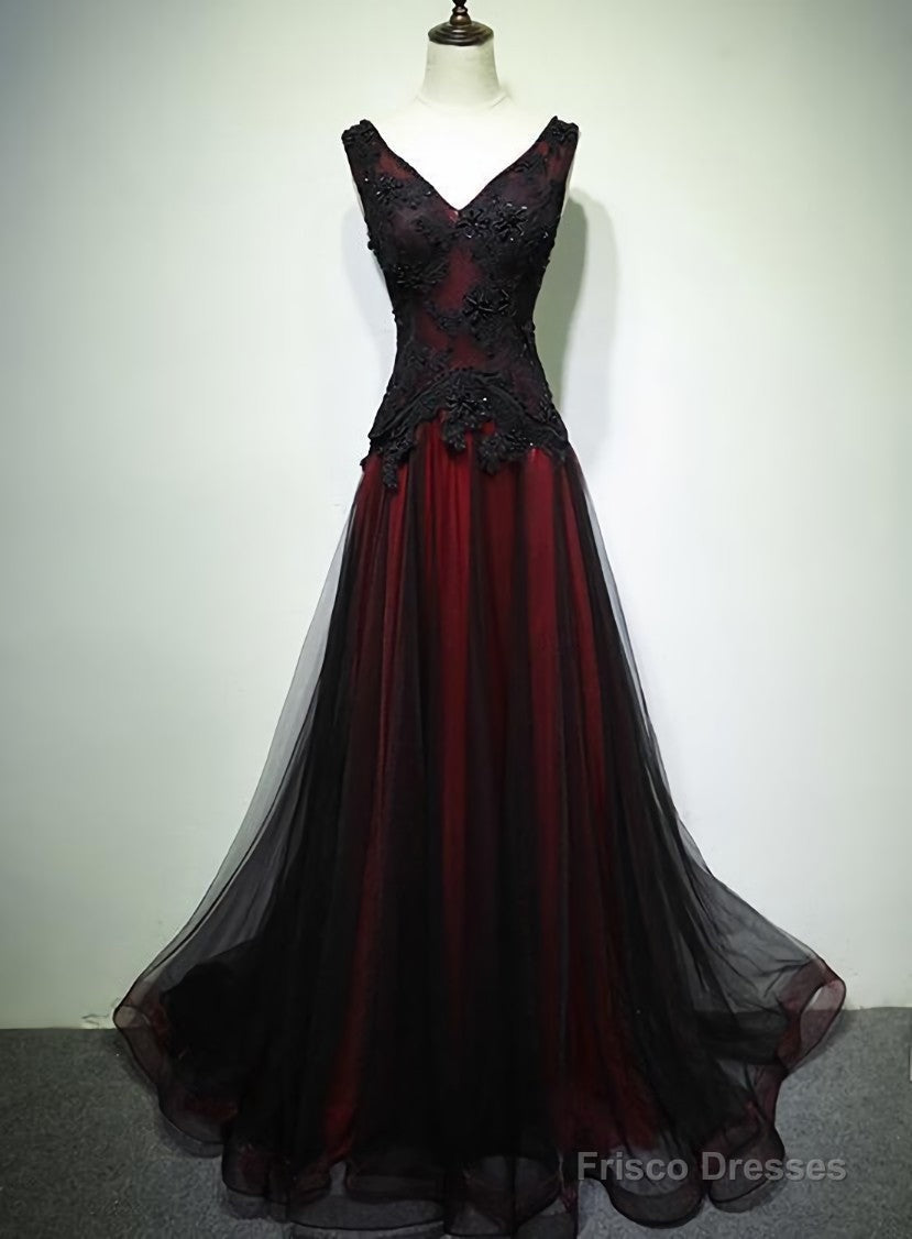 Black and Red Tulle V-neckline Beaded Lace Long Party Dress,A-line Formal Evening Dresses Main image