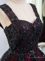Black And Red Tulle With Black Lace Applique Prom Dress, Black Tulle Sweet 16 Dress