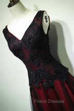 Black and Red V-Neck Tulle Long Formal Prom Dress, Lace Evening Dress