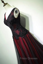 Black and Red V-Neck Tulle Long Formal Prom Dress, Lace Evening Dress