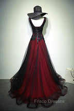 Black and Red V-Neck Tulle Long Formal Prom Dress, Lace Evening Dress