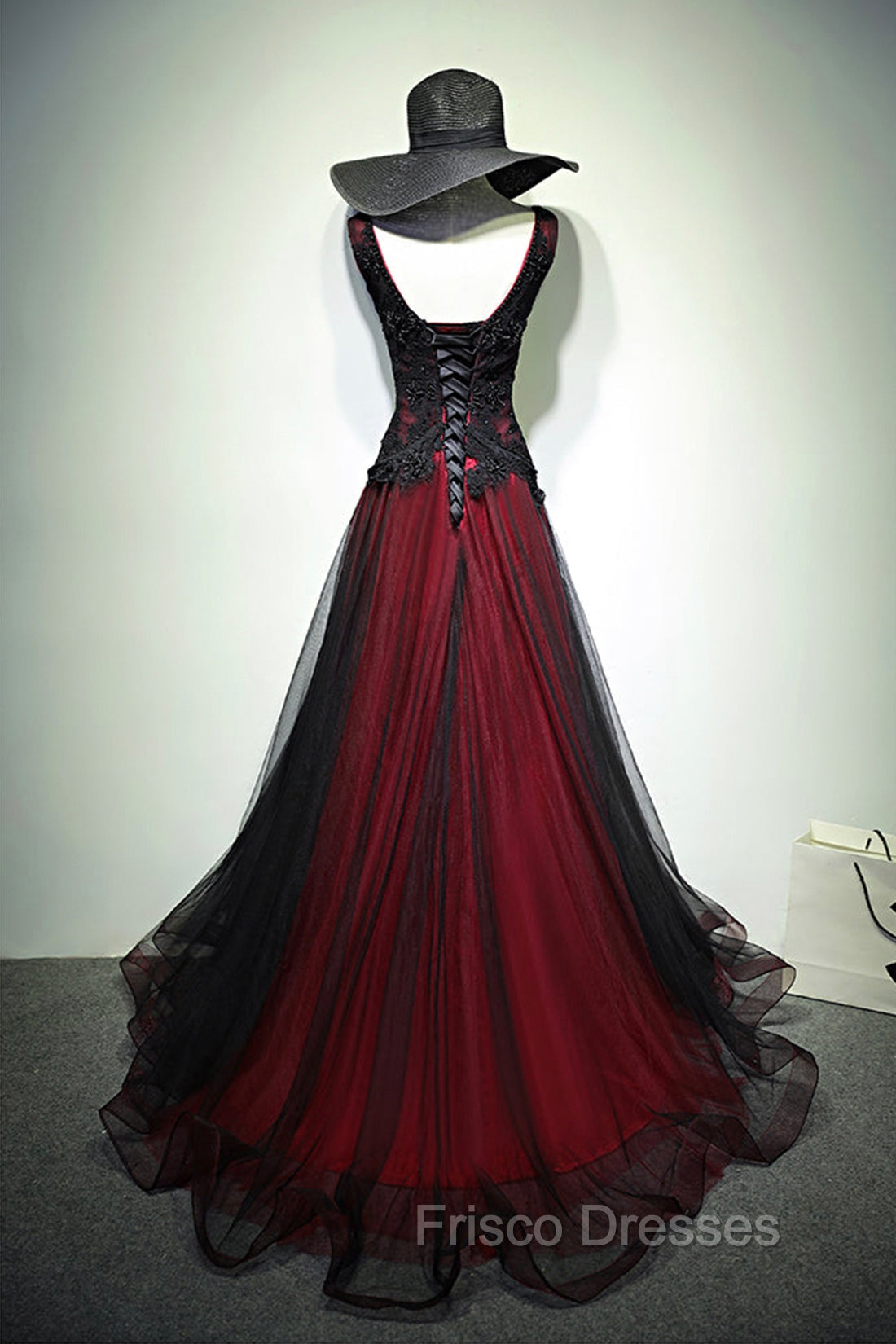Black and Red V-Neck Tulle Long Formal Prom Dress, Lace Evening Dress