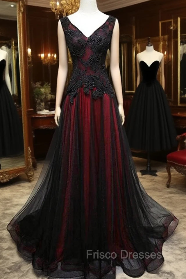 Black and Red V-Neck Tulle Long Formal Prom Dress, Lace Evening Dress