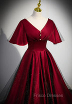 Black and Red V-neckline Long Satin Formal Prom Dress,Chic Long A-line Party Dress