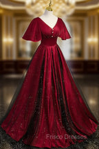 Black and Red V-neckline Long Satin Formal Prom Dress,Chic Long A-line Party Dress