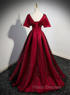 Black and Red V-neckline Long Satin Formal Prom Dress,Chic Long A-line Party Dress