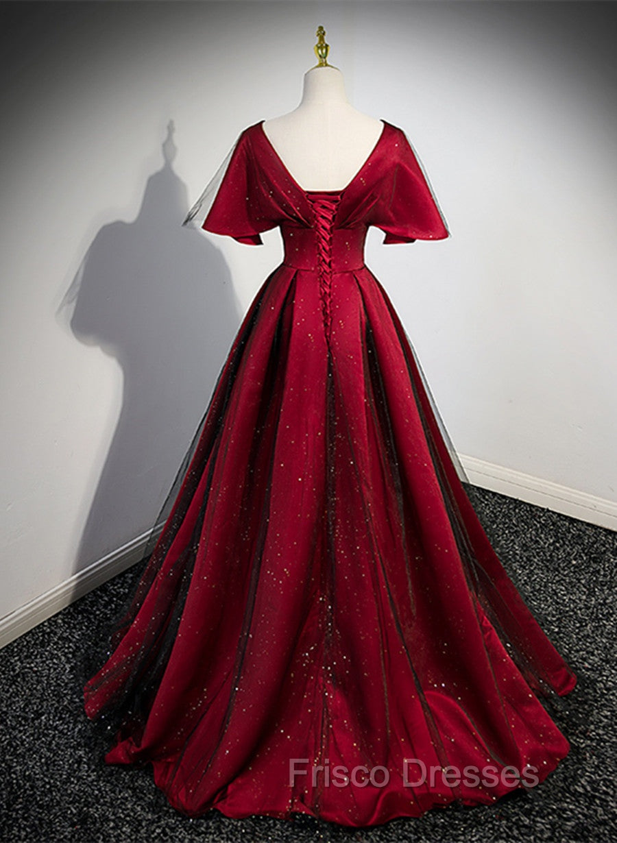 Black and Red V-neckline Long Satin Formal Prom Dress,Chic Long A-line Party Dress